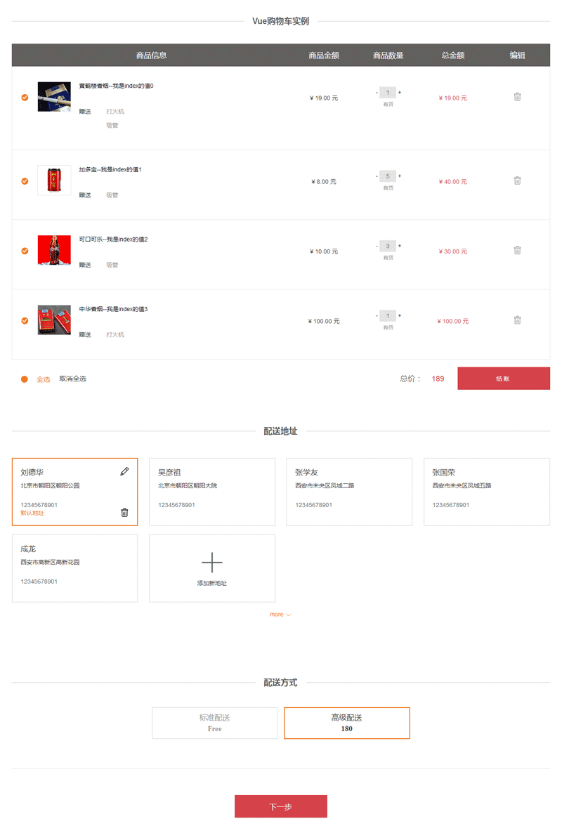 vue.js制作购物车结算功能表单代