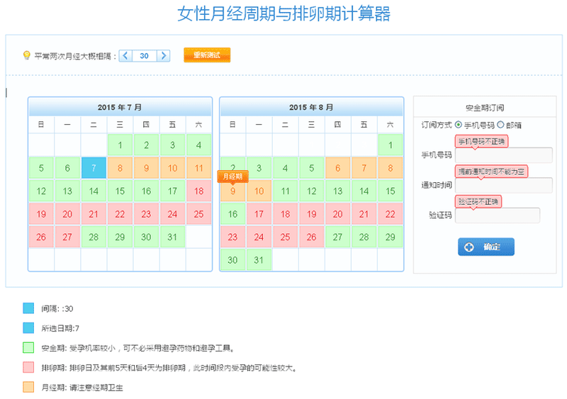 jquery女性月经周期与排卵期表单