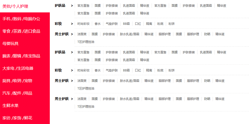 jquery仿天猫首页分类导航菜单切